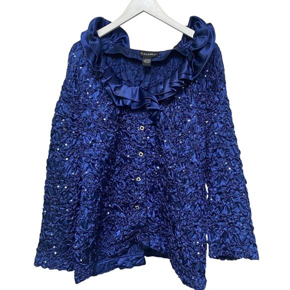 CACHET Evening Blouse Plus Size 2X Blue Satin Womens Party Top Wedding Guest - Picture 2 of 8